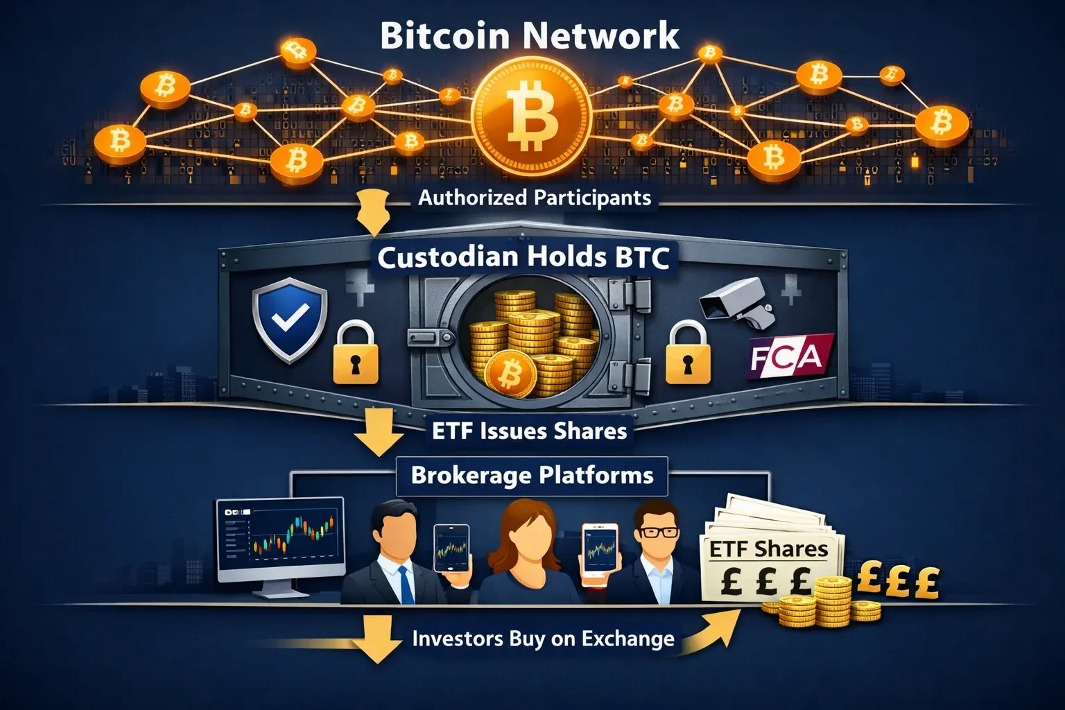 Detailed landscape format (1536x1024) infographic illustration showing Bitcoin ETF structure breakdown with three distinct layers: top layer
