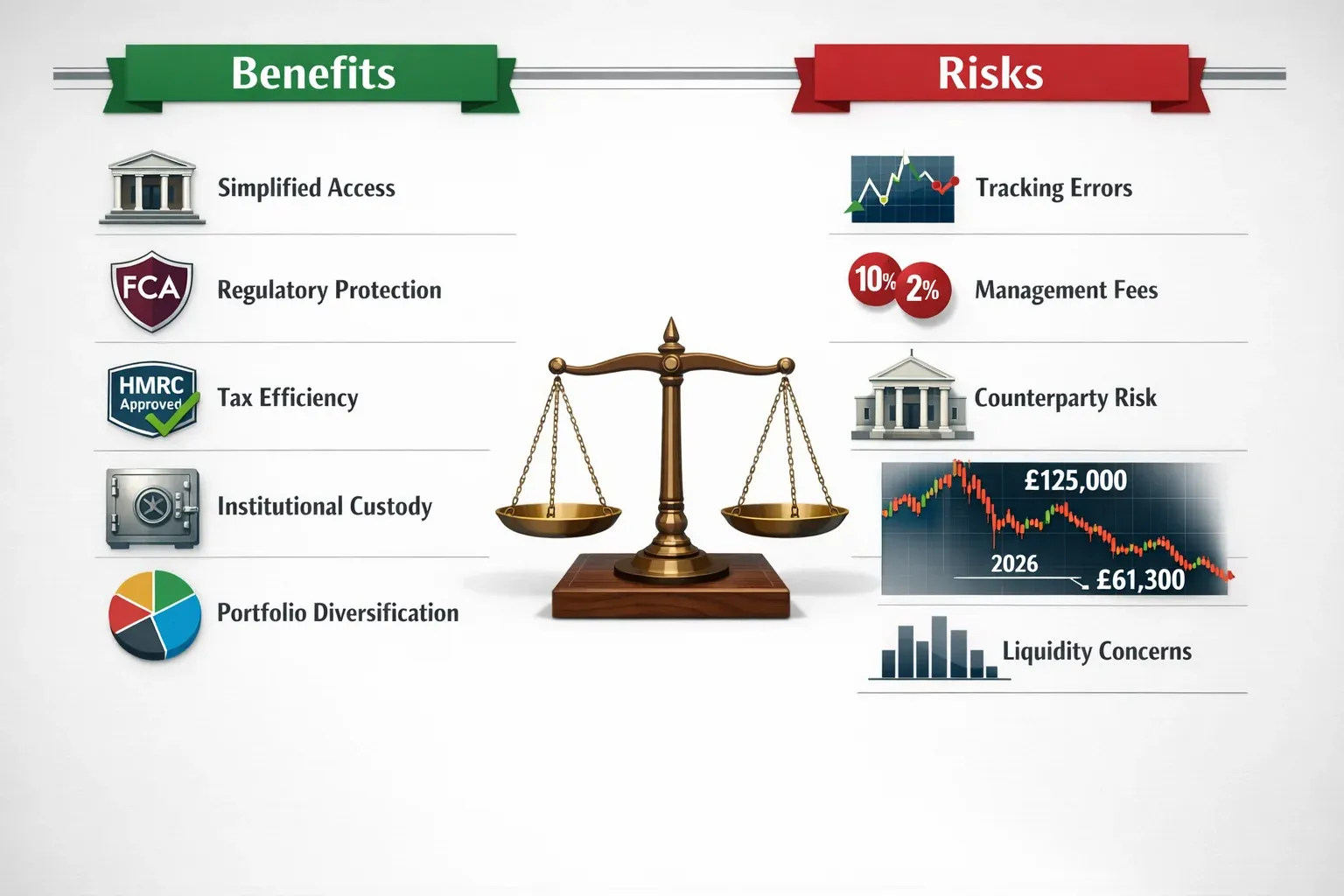 Comprehensive landscape format (1536x1024) risk-benefit comparison chart showing two balanced columns with detailed visual elements. Left co