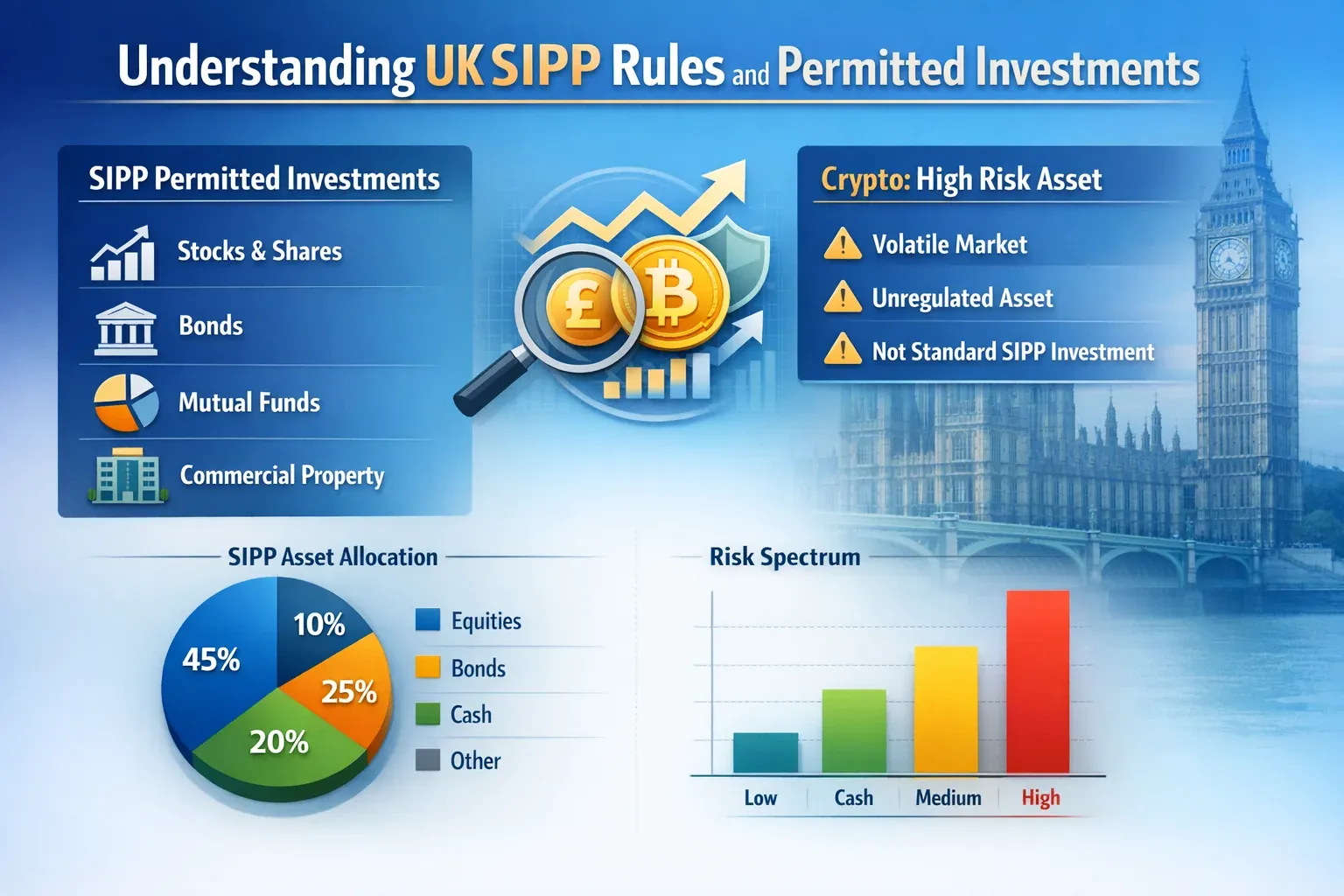 Professional infographic for article "Can You Hold Crypto in a UK Pension? SIPP Rules Explained", section: "Understanding UK SIPP Rules and