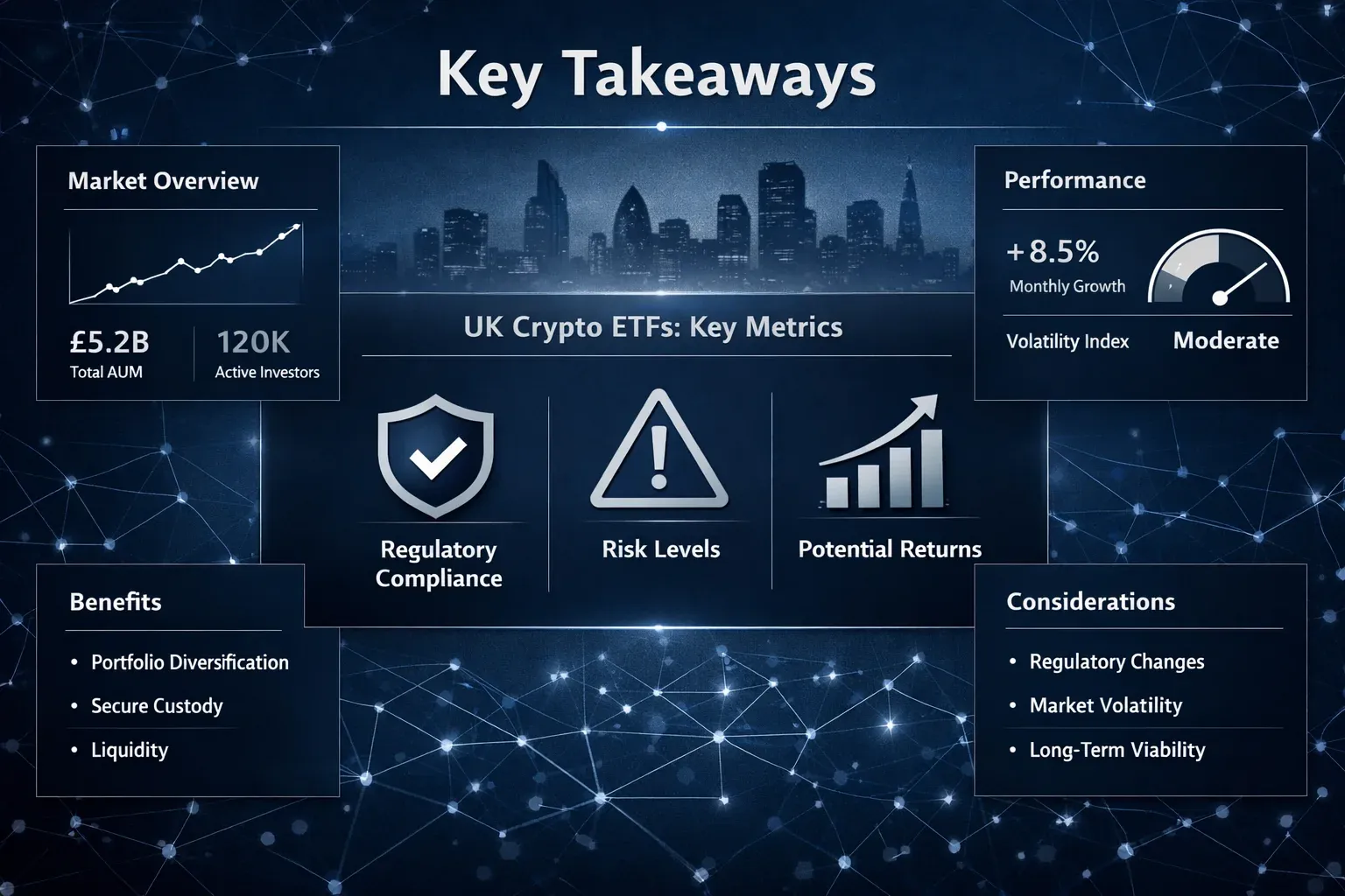 Key Takeaways visualization featuring a sleek digital dashboard with multiple infographic panels. Central graphic shows comparative icons re