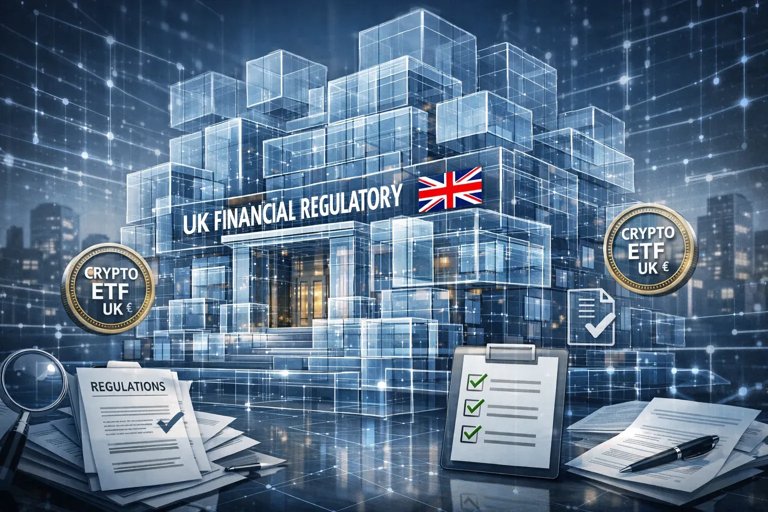 Regulatory landscape illustration depicting a complex architectural metaphor: UK financial regulatory building constructed from transparent