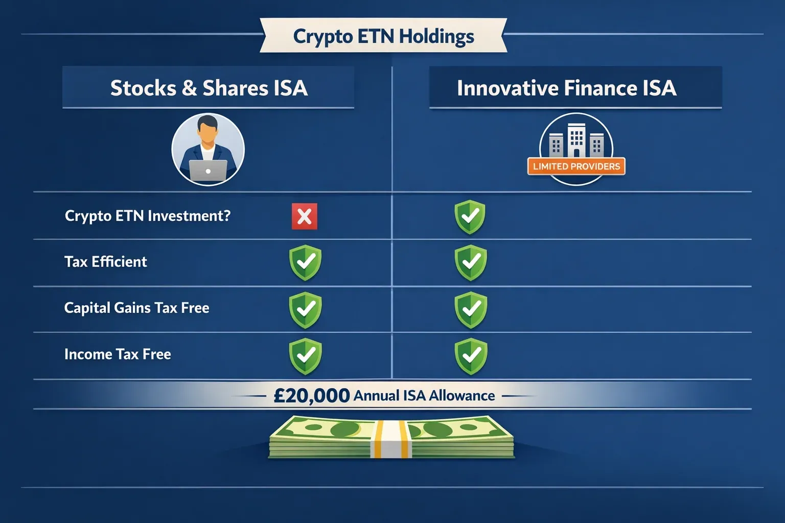 Landscape format (1536x1024) professional comparison chart illustrating Stocks and Shares ISA versus Innovative Finance ISA for crypto ETN h