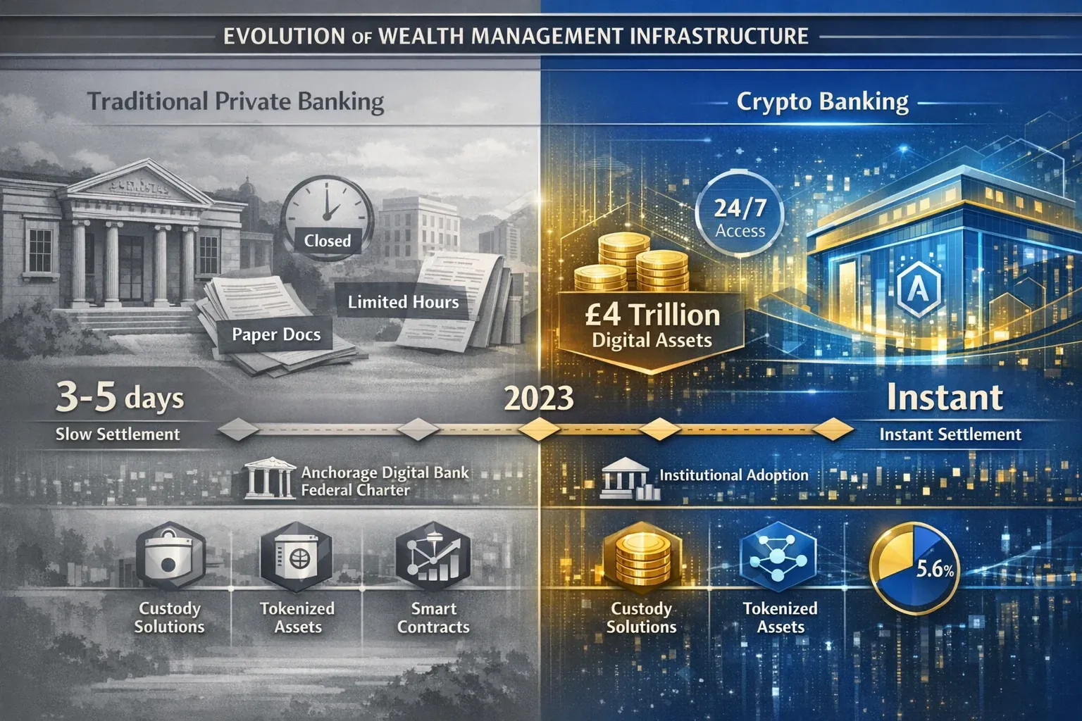 Landscape format (1536x1024) detailed infographic showing evolution of crypto wealth management infrastructure from 2020 to 2026. Split-scre