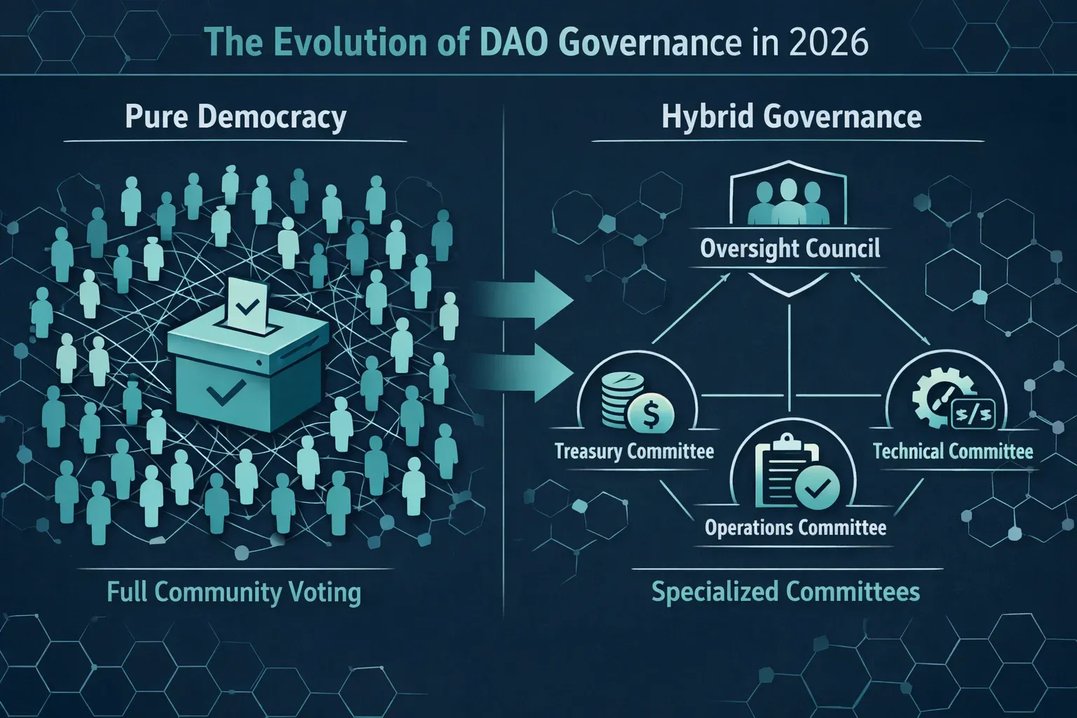 Detailed landscape format (1536x1024) infographic-style illustration showing the evolution of DAO governance models in 2026. Left side shows