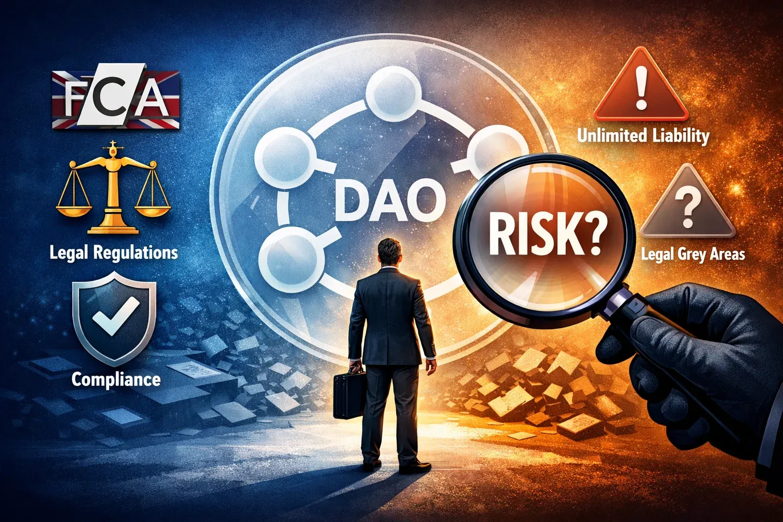 Detailed landscape format (1536x1024) conceptual illustration depicting legal and regulatory risks in DAO governance. A large translucent DA