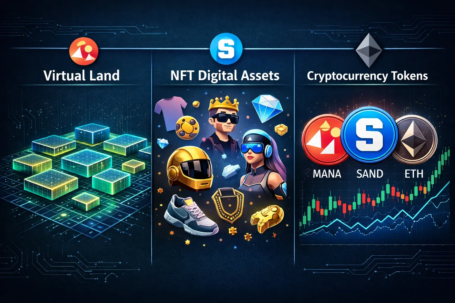 Detailed landscape format (1536x1024) infographic-style illustration showing the three primary metaverse investment categories side by side: