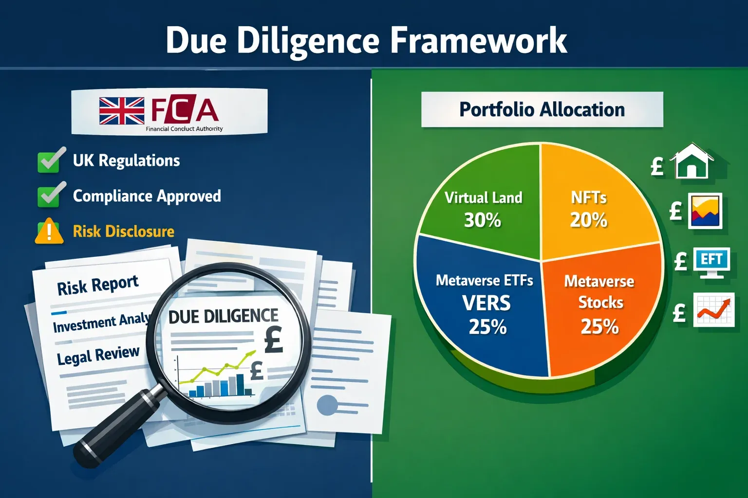 Detailed landscape format (1536x1024) editorial illustration depicting a professional investor's risk assessment dashboard for metaverse inv