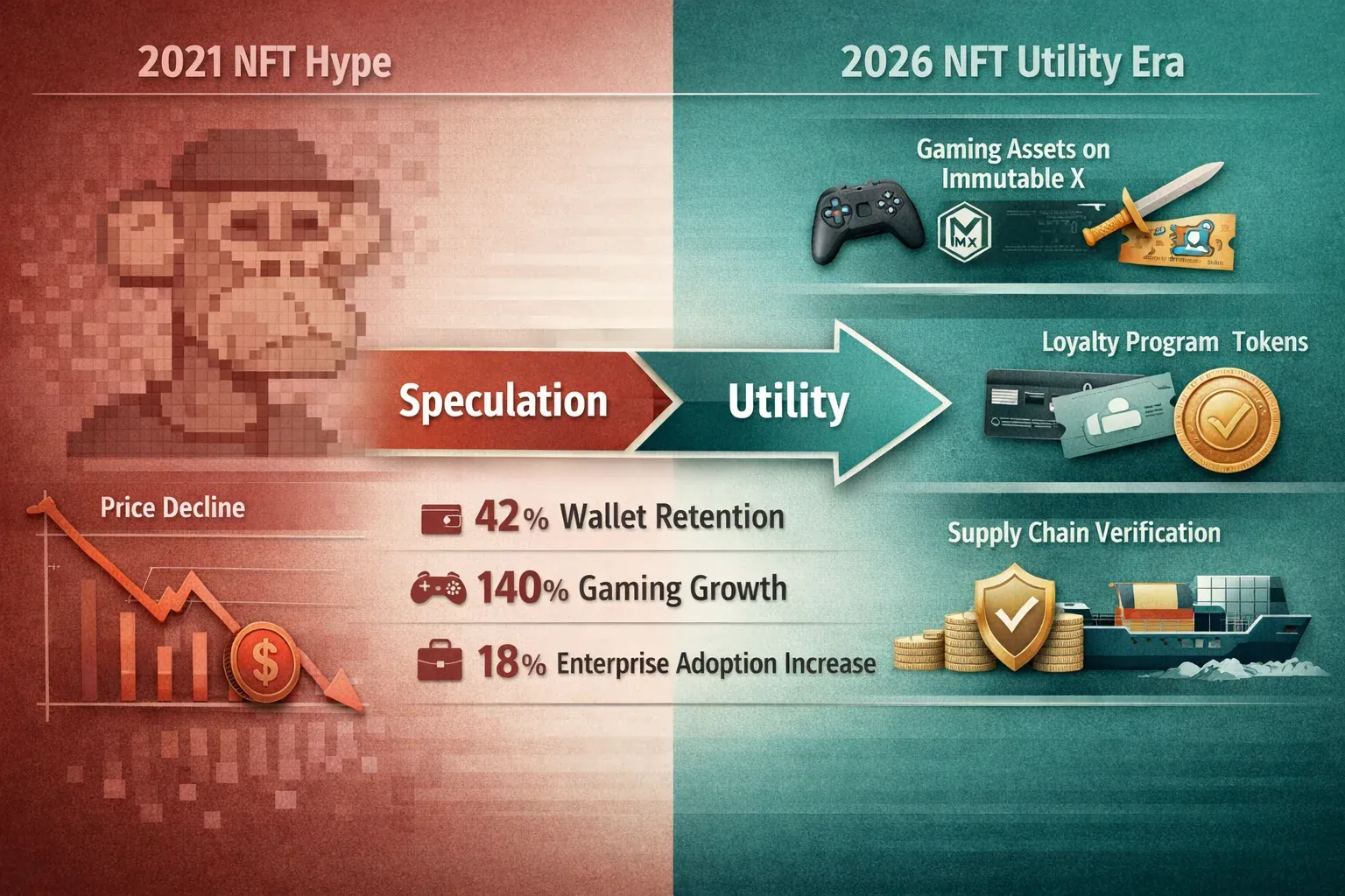 Landscape format (1536x1024) editorial infographic illustration showing the NFT market evolution from 2021 hype to 2026 utility era. Left si