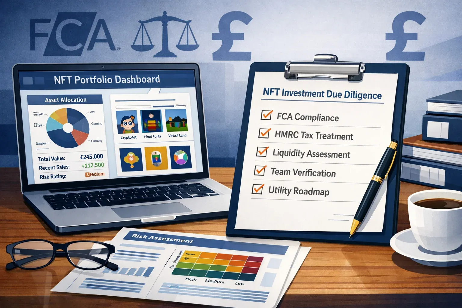 Landscape format (1536x1024) editorial illustration depicting a structured NFT investment due diligence framework for UK investors. Shows a