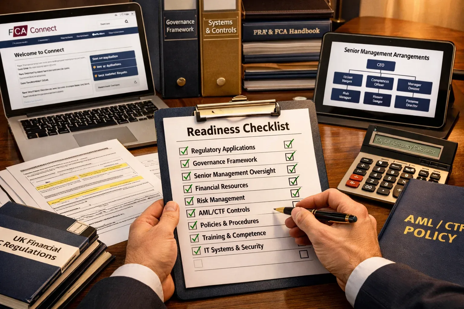 Detailed landscape format (1536x1024) professional photograph of compliance officer's desk showing comprehensive readiness checklist being r