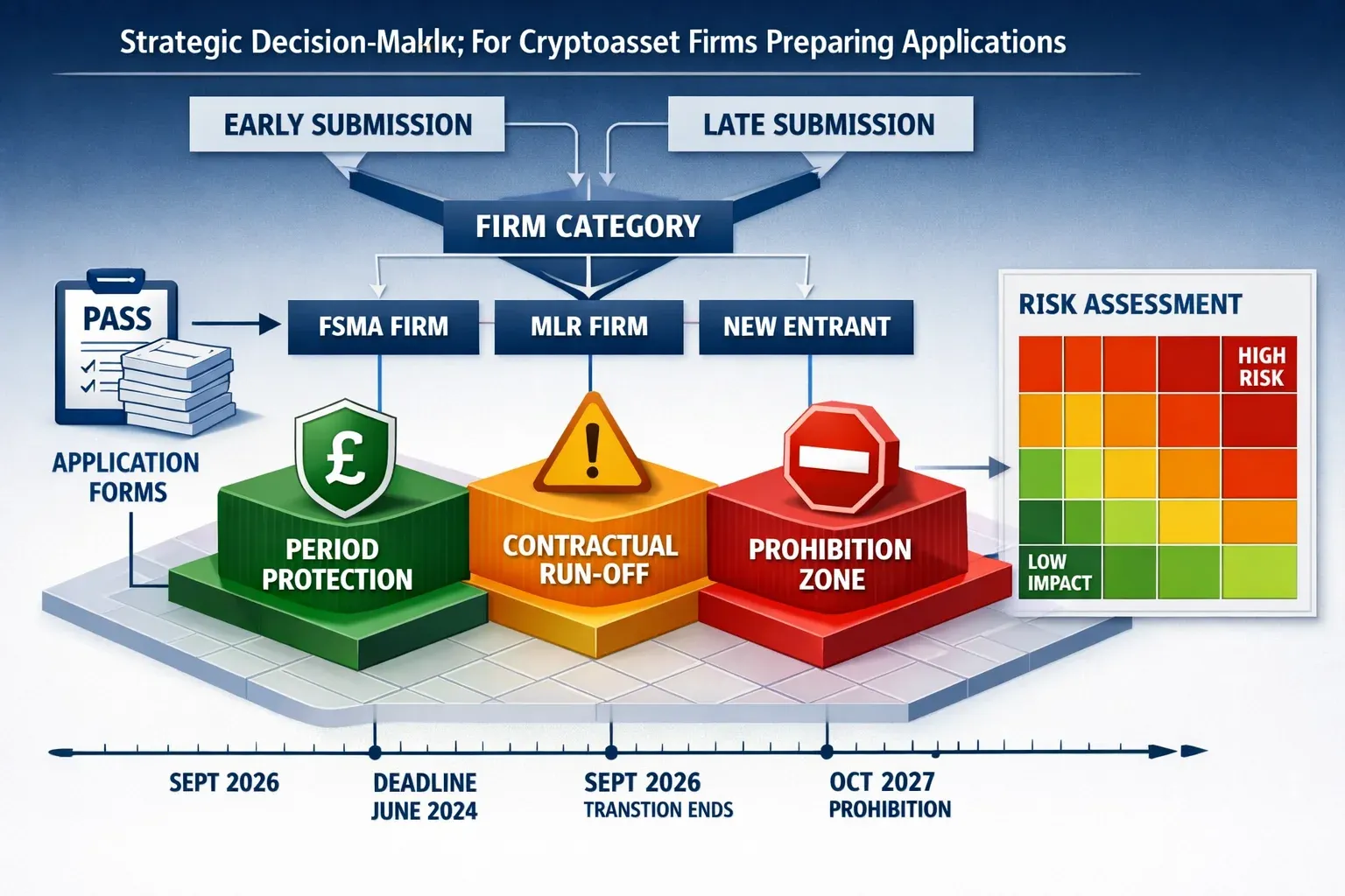 Detailed landscape format (1536x1024) conceptual illustration showing strategic decision matrix for cryptoasset firms preparing applications