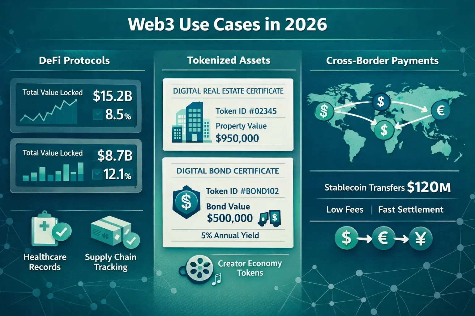 Landscape format (1536x1024) editorial infographic illustration showing real-world Web3 use cases across multiple sectors in 2026: a split-p