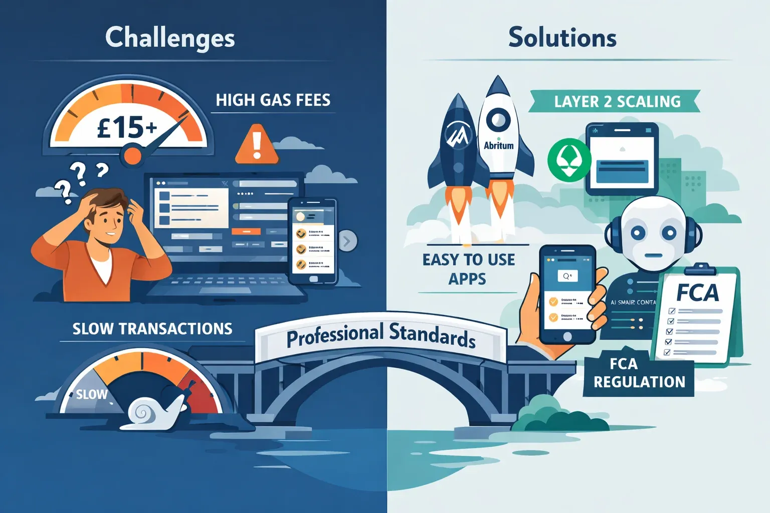 Landscape format (1536x1024) editorial concept illustration depicting Web3 adoption barriers and solutions in 2026: left side shows challeng