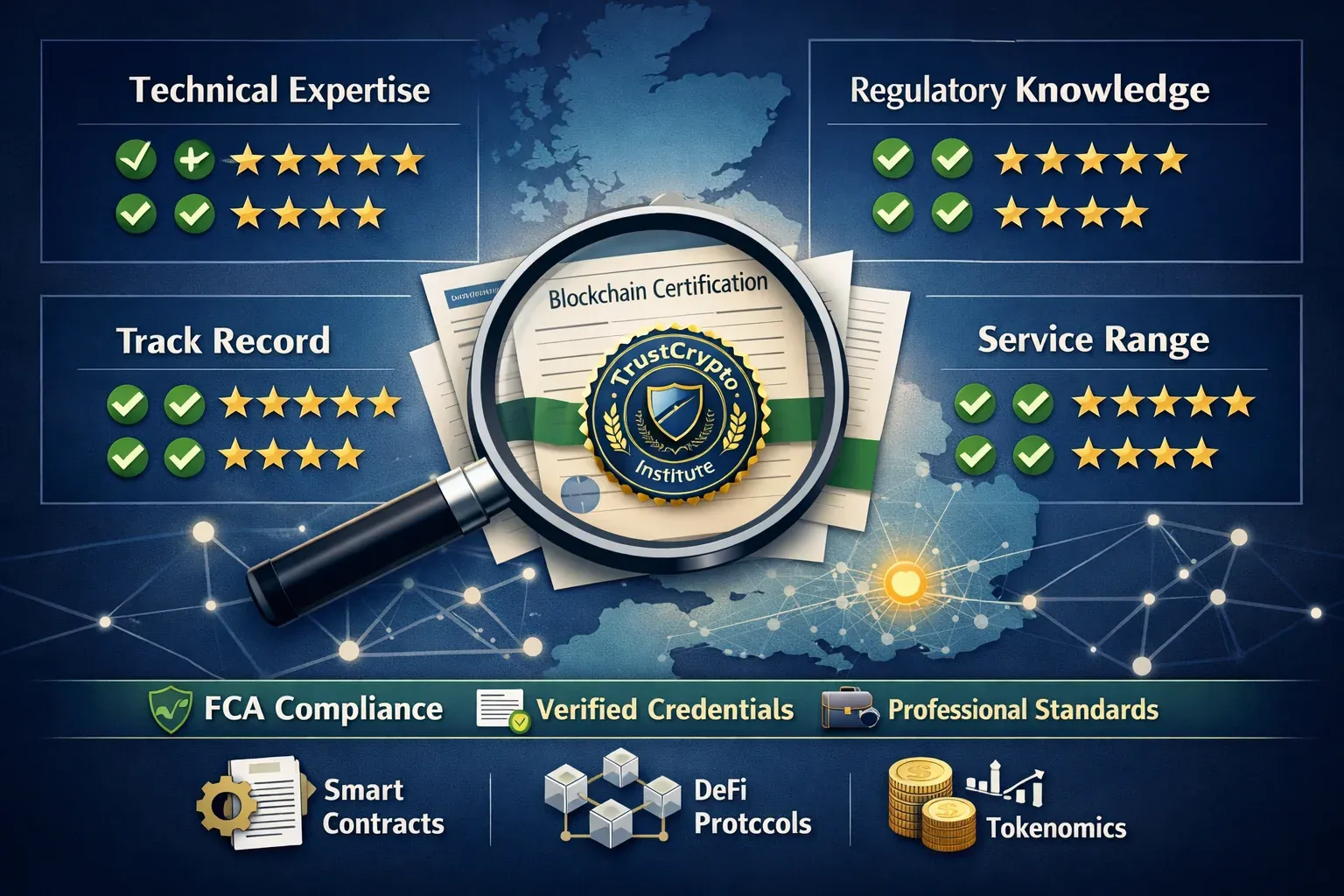 Landscape format (1536x1024) infographic showing evaluation criteria matrix for crypto consulting companies. Visual displays four quadrants