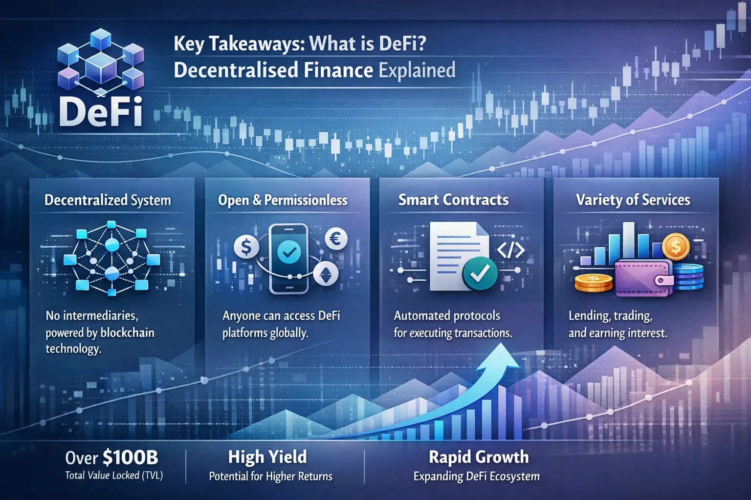 Professional landscape infographic (1536x1024) for article "What is DeFi? Decentralised Finance Explained", section: "Key Takeaways". Topic: