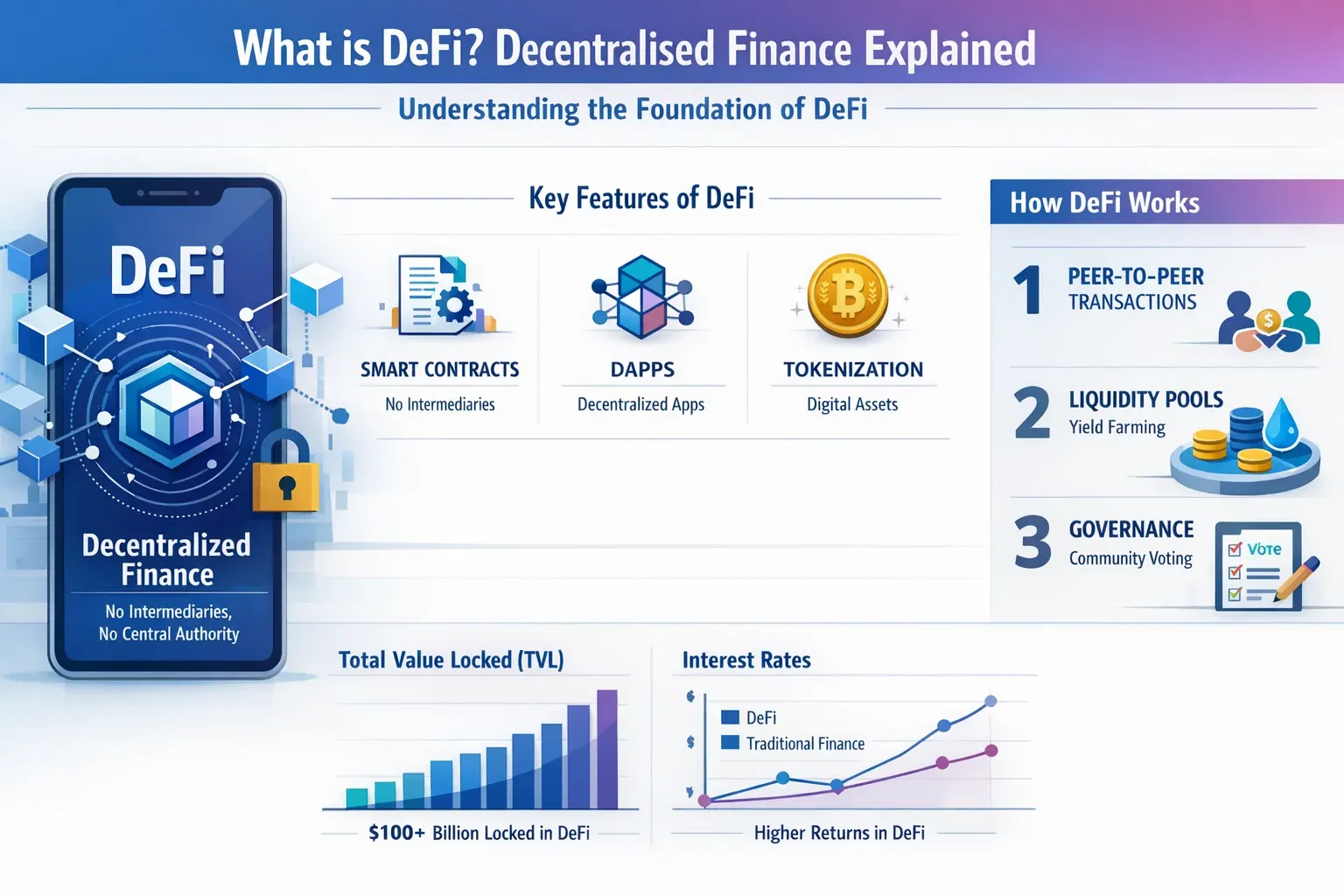 Professional landscape infographic (1536x1024) for article "What is DeFi? Decentralised Finance Explained", section: "Understanding What is