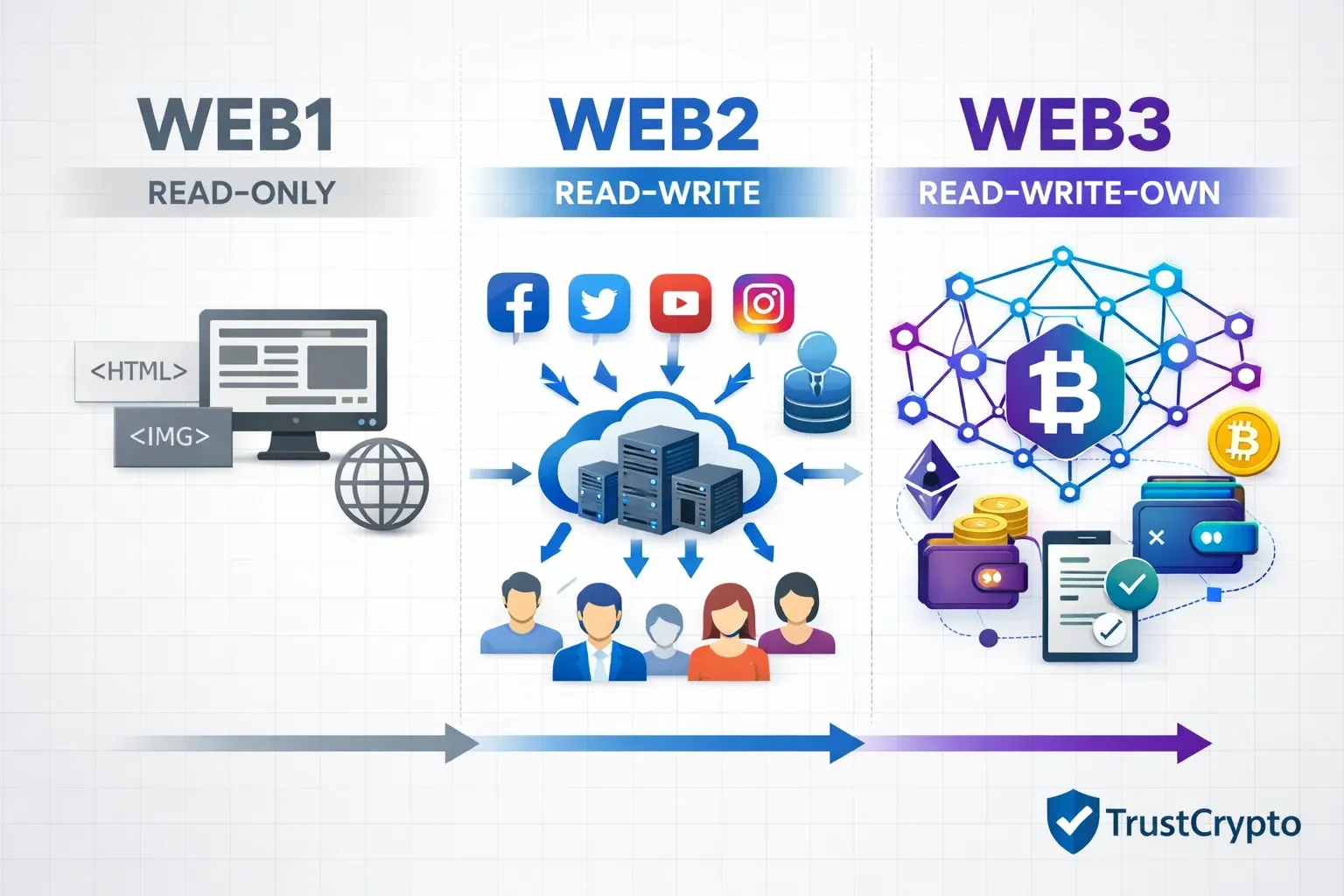 Landscape format (1536x1024) editorial illustration comparing Web1, Web2, and Web3 internet evolution timeline. Left section shows Web1 stat