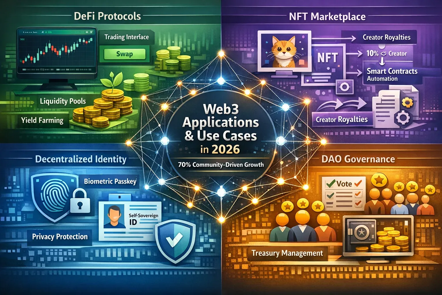 Landscape format (1536x1024) professional infographic showcasing real-world Web3 applications and use cases in 2026. Split into four quadran