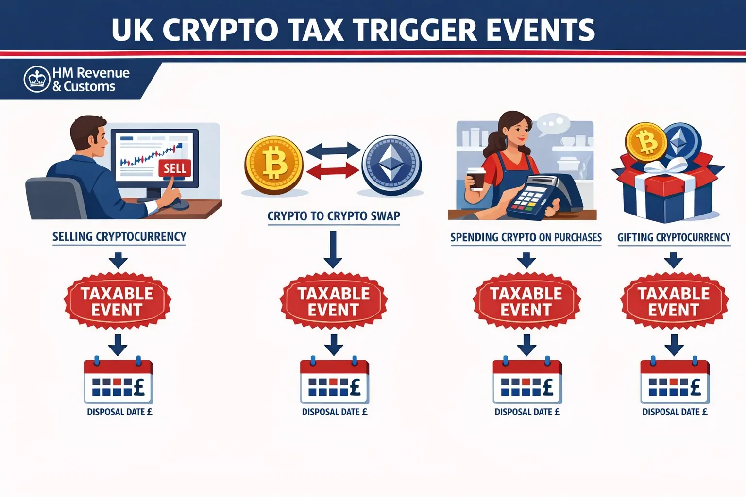 Detailed infographic illustration (1536x1024) showing UK crypto tax trigger events in flowchart format. Visual elements include: person at c