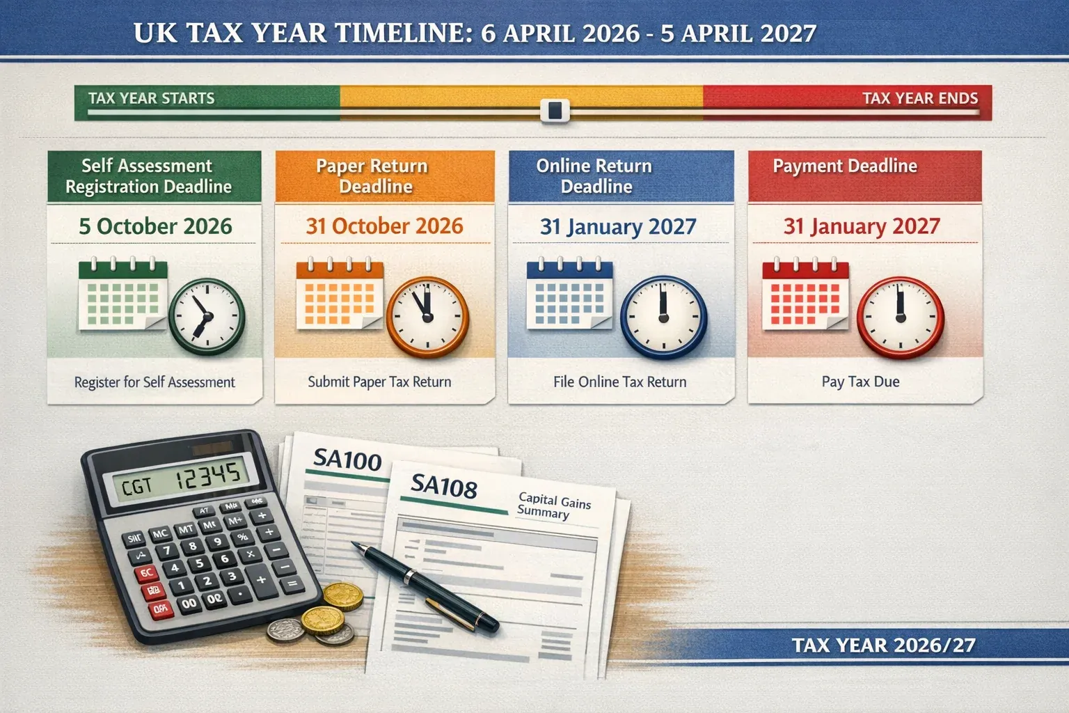 Comprehensive landscape chart (1536x1024) displaying UK tax year timeline from 6 April 2026 to 5 April 2027 with key crypto tax deadlines ma