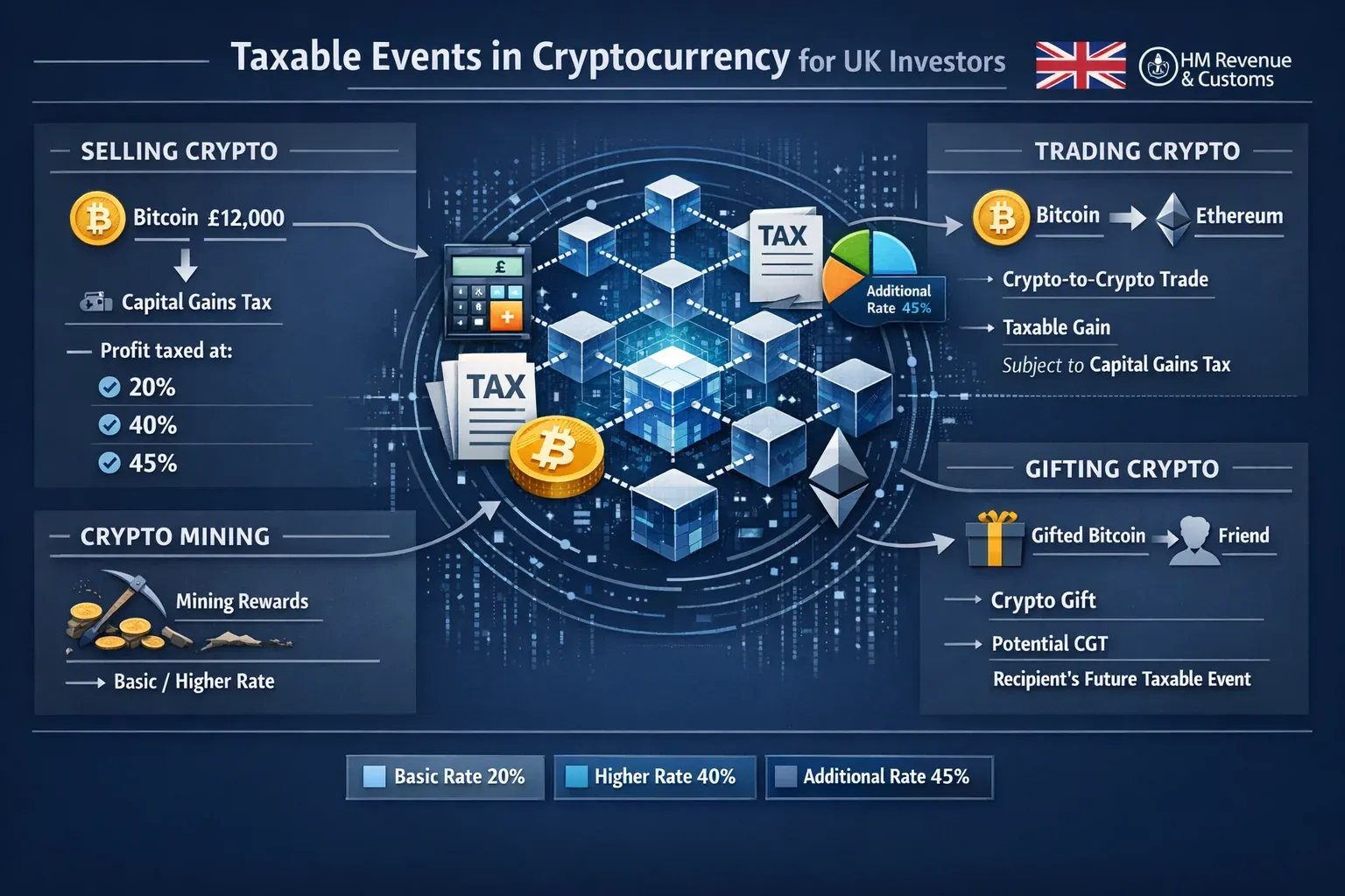 Detailed editorial-style infographic visualizing 'Taxable Events in Cryptocurrency' for UK investors. Central graphic showing interconnected