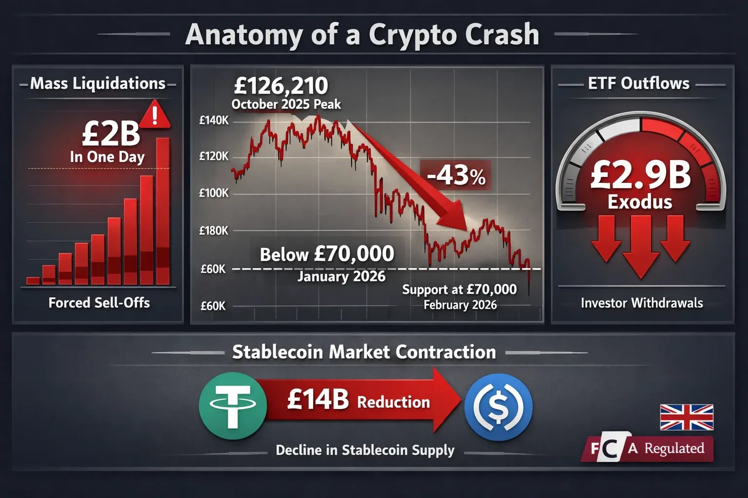 Detailed landscape format (1536x1024) infographic-style image showing 'Anatomy of a Crypto Crash' with multiple data visualization elements: