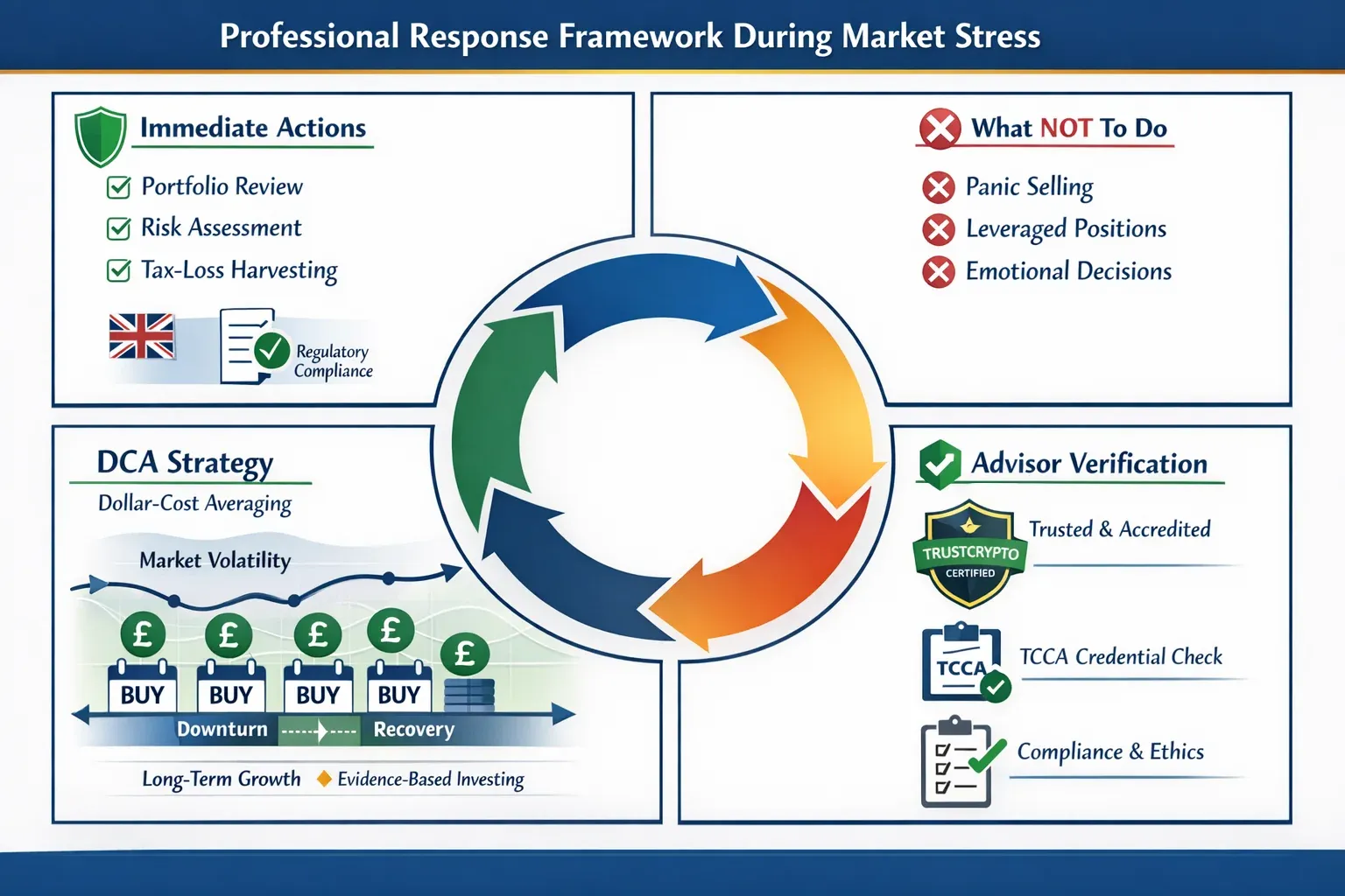 Detailed landscape format (1536x1024) strategic action plan visualization titled 'Professional Response Framework During Market Stress' with
